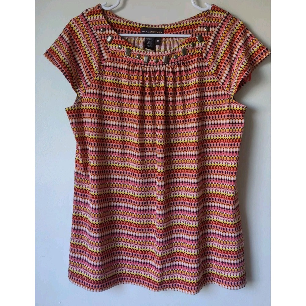 Dana Buchman Short Sleeve Jeweled Neck Size Medium Orange/Yellow/Red Geometric‎
